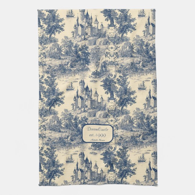 Dream Castle Classic Blue and Ivory Toile de Jouy Geschirrtuch (Vertikal)