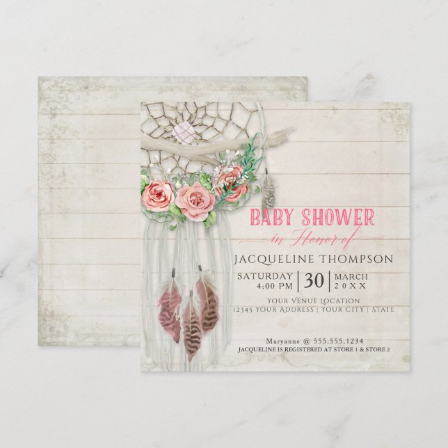 Dream Catcher Baby Shower Girl BOHO Wood Feather Einladung (Vorne/Hinten)