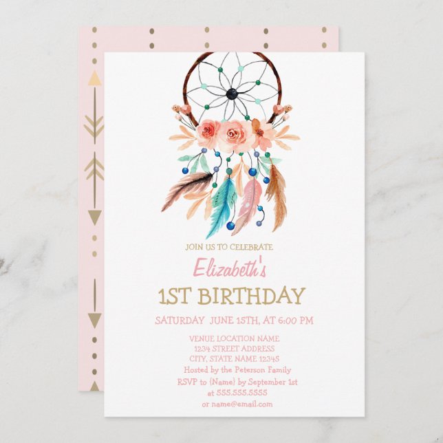 Dream Catcher, Boho Birthday Einladung (Vorne/Hinten)