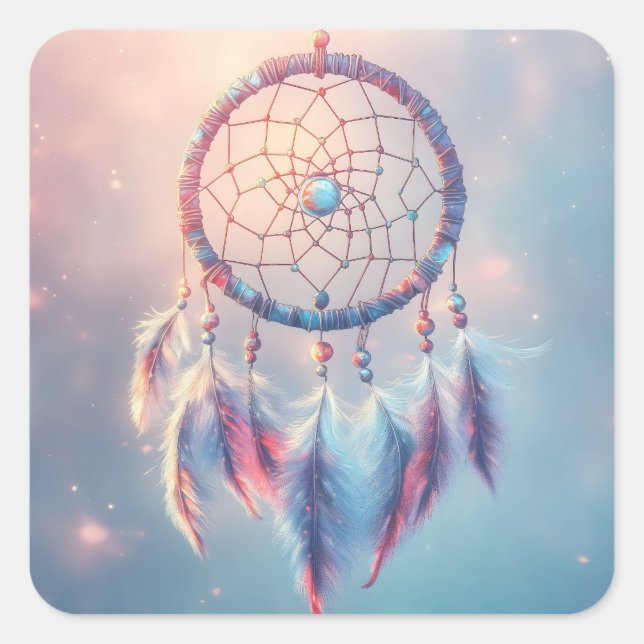 Dream Catcher mit weichen Federn und Perlen Quadratischer Aufkleber (Vorderseite)