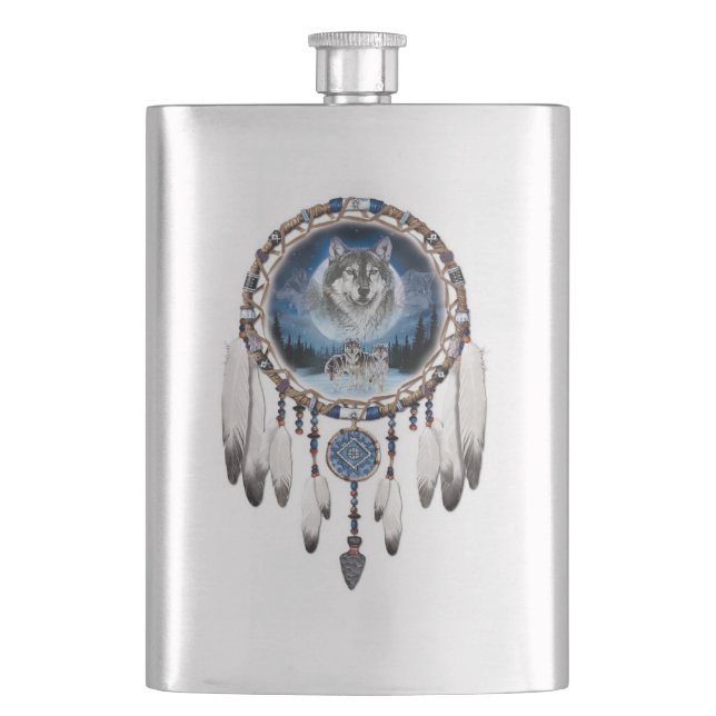 Dream Catcher mit Wolfshintergrund Flachmann (Vorderseite)