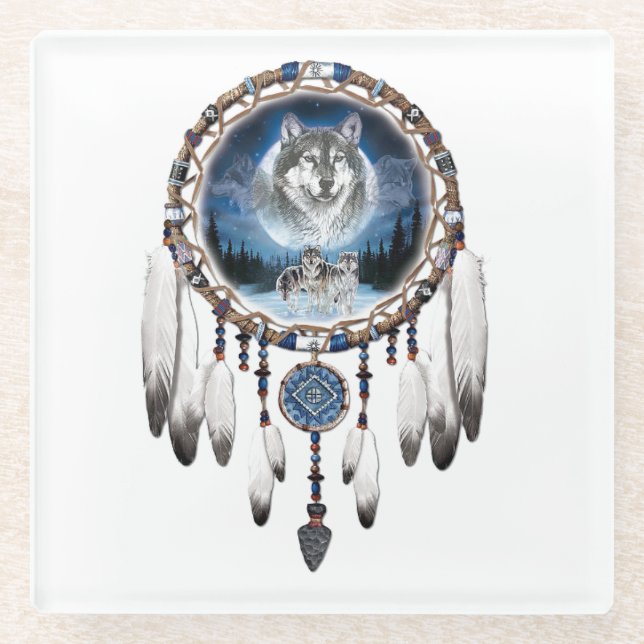 Dream Catcher mit Wolfshintergrund Glasuntersetzer (Vorderseite)