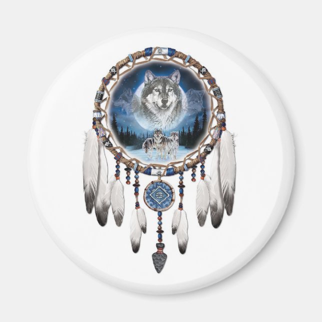 Dream Catcher mit Wolfshintergrund Magnet (Vorne)