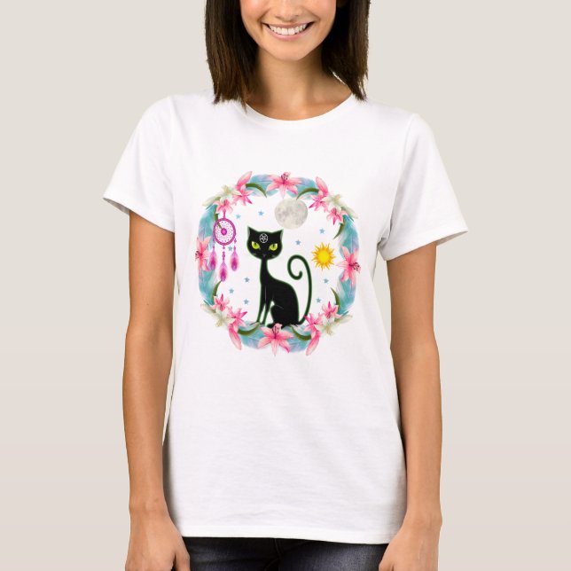 Dream Catcher Moon Stars Sun Black Wiccan Cat T-Shirt (Vorderseite)