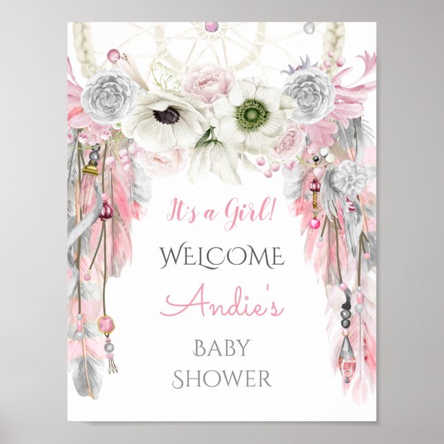 Dream Catcher Tribal Boho Begrüßungszeichen Rosa G Poster (Vorne)