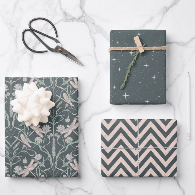 Dream Dragonfly Cornblume, Sterne, Zickzack Geschenkpapier Set (Vorderseite)