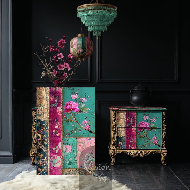 Dream Dynasty Chinoiserie Kunstwerk Seidenpapier (Dream Dynasty, Chinoiserie Patterns, Patchwork Collage, Furniture Decoupage)