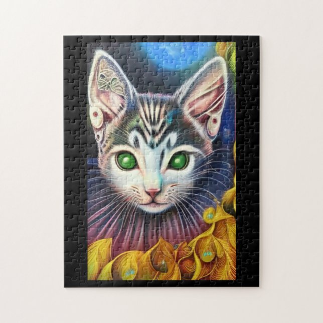 Dream Katz grüne Augen Fantasie golden Federn (Vertikal)