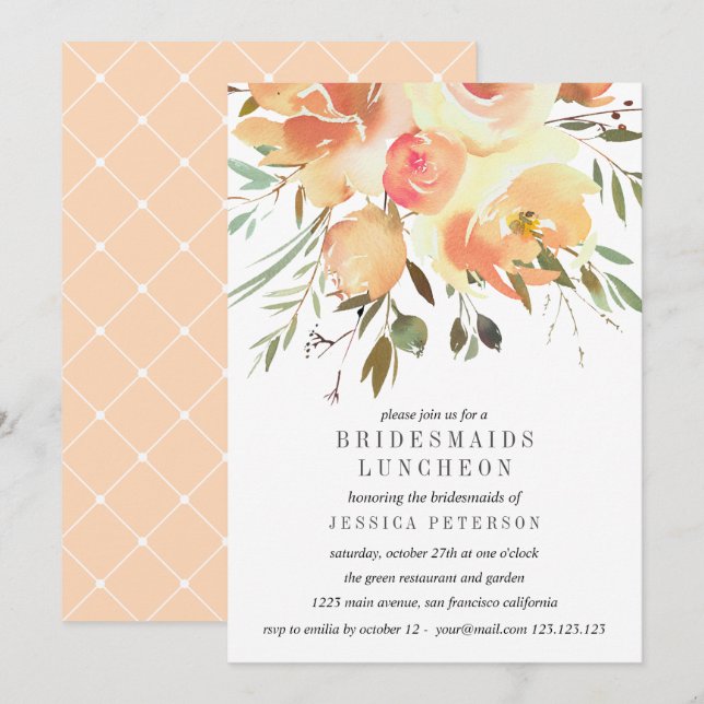 Dream Peach Blume Bridesmaids Luncheon Wedding Einladung (Vorne/Hinten)