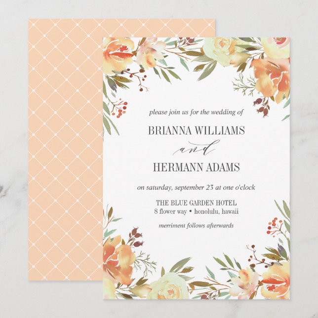 Dream Peach | Hochzeit Extravaganter rustikaler Bl Einladung (Vorne/Hinten)