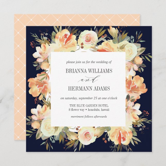 Dream Peach & Navy | Spring Floral Diamond Wedding Einladung (Vorne/Hinten)