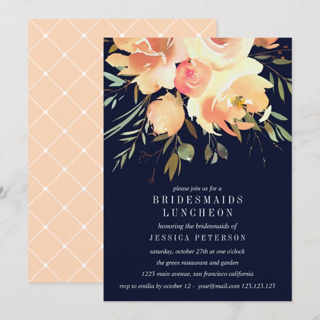 Dream Peach und Marine Bridesmaids Luncheon Weddin Einladung (Vorne/Hinten)