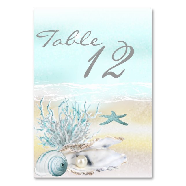 Dream Shore Beach Aquamarine Hochzeitskarte Tischnummer (Vorderseite)