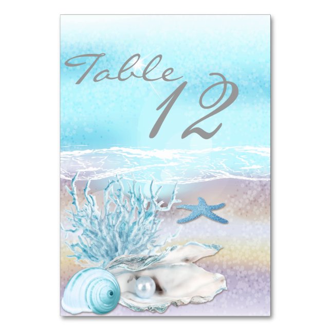 Dream Shore Beach Dk Aquamarine Hochzeitskarte Tischnummer (Vorderseite)