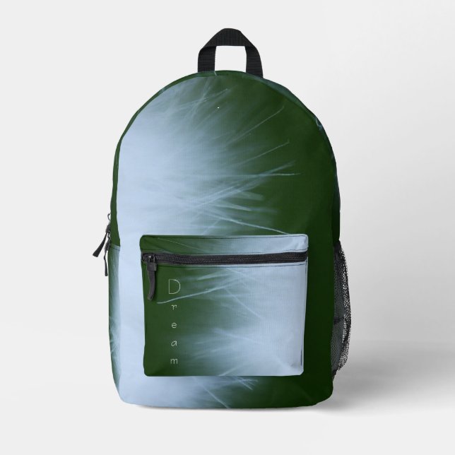 "Dream" with Wispy Dandelion Fluff Background Bedruckter Rucksack (Vorderseite)