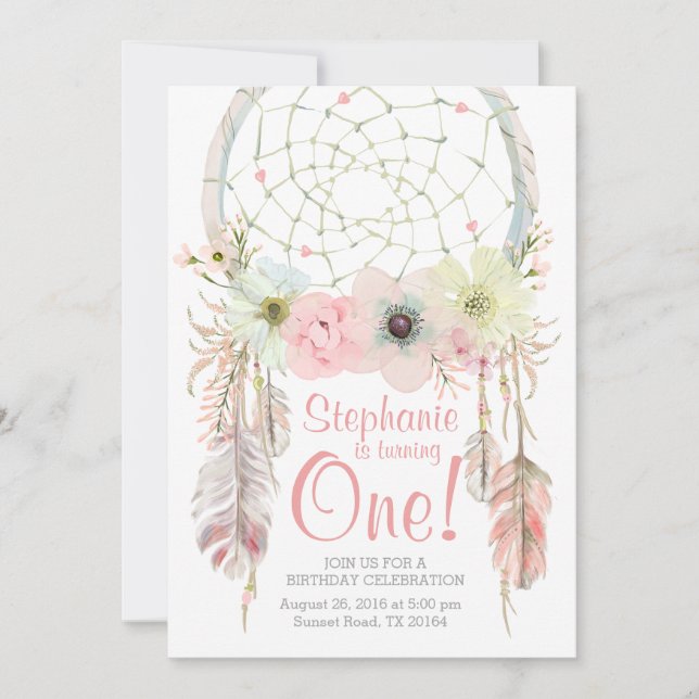 Dreamcatcher Boho Pink pastel Invitation d'anniver (Devant)