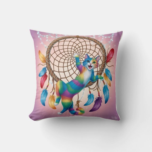 Dreamcatcher Cat: Rainbow Tabby Fantasy Kissen (Vorderseite)