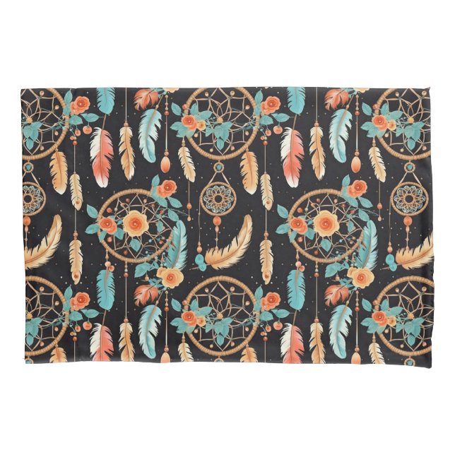 Dreamcatcher dunkelblumige Federorange aquamarin Kissenbezug (Vorderseite)