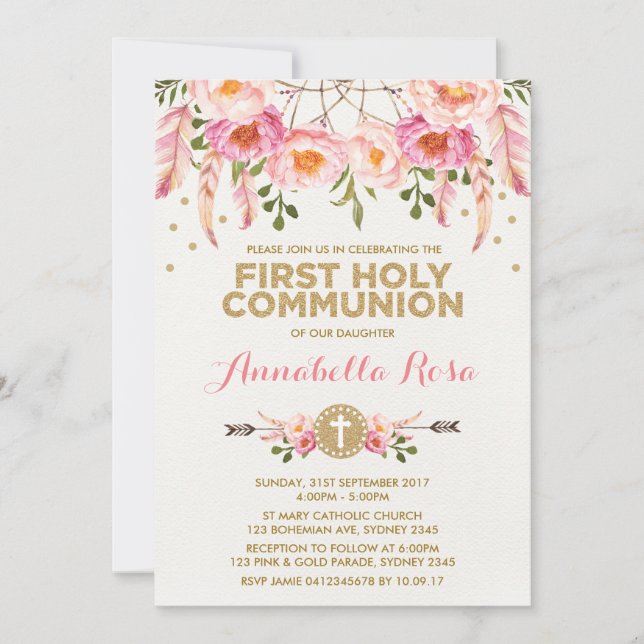 Dreamcatcher Heilige Kommunion Chic Pink Gold Flor Einladung (Vorderseite)