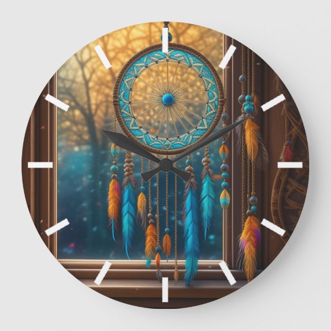 Dreamcatcher in Windows-Herbstlauben Große Wanduhr (Vorderseite)
