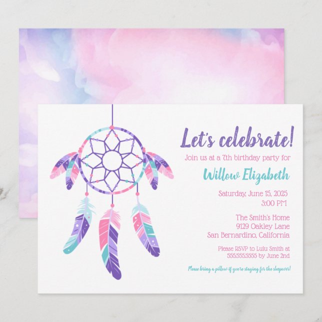 Dreamcatcher rosa lila aquamariner Kindergeburtsta Einladung (Vorne/Hinten)