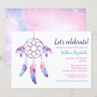 Dreamcatcher rosa lila aquamariner Kindergeburtsta Einladung