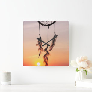Dreamcatcher, Sunset, Yoga, Indian Amulet, Orange, Quadratische Wanduhr