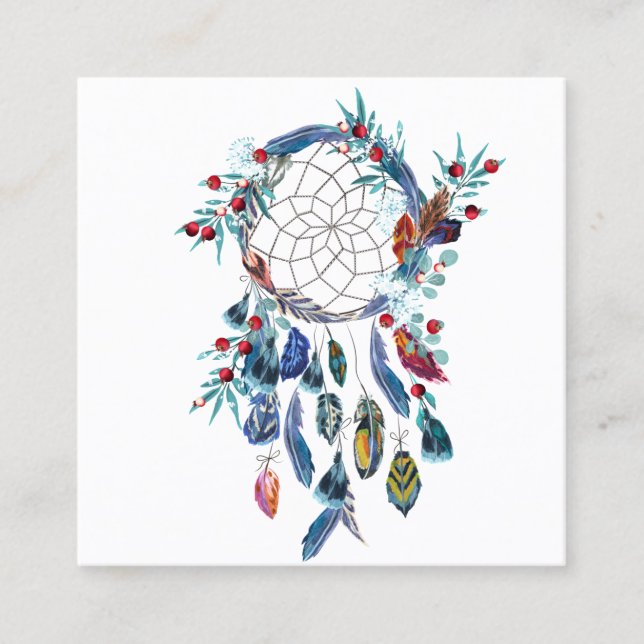 Dreamcatcher und Aquarellfedern. Quadratische Visitenkarte (Vorderseite)