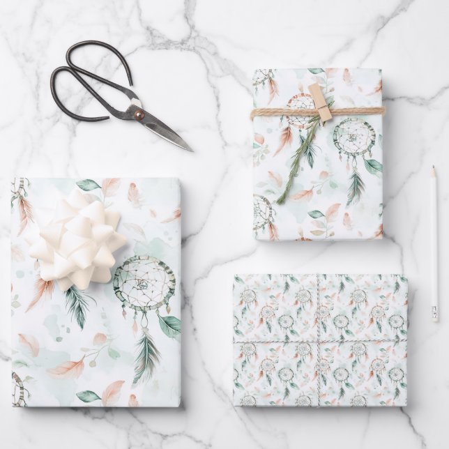 Dreamcatcher und Feathers Pastel Geschenkpapier Set (Vorderseite)