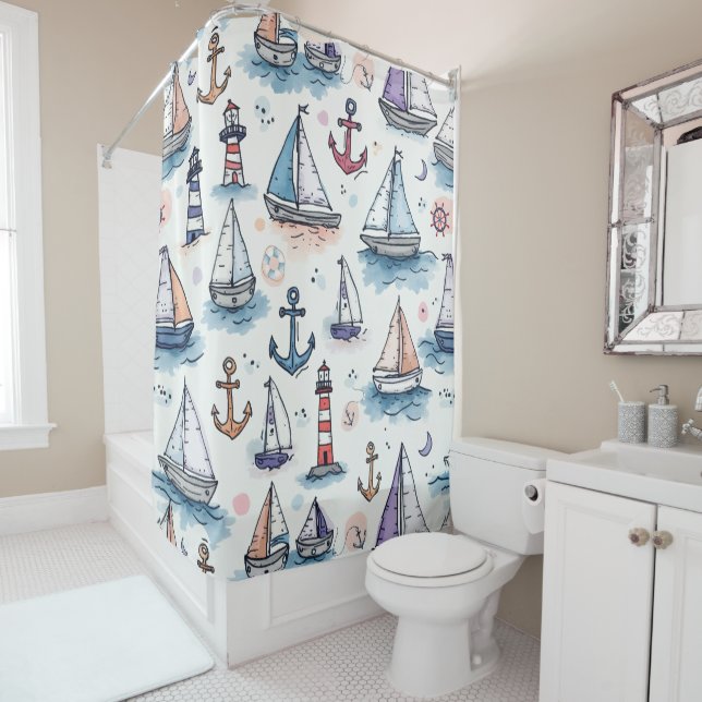 Dreame Skizzen von Sailboats Anchors & Lighthouses Duschvorhang (Beispiel)