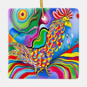 "Dreamscape Bird". Ein SQ-surreal abstrakter Hahn Keramikornament