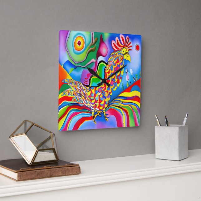"Dreamscape Bird". Ein SQ-surreal abstrakter Hahn Quadratische Wanduhr (Büro)