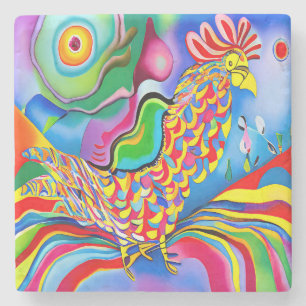 "Dreamscape Bird". Ein SQ-surreal abstrakter Hahn Steinuntersetzer