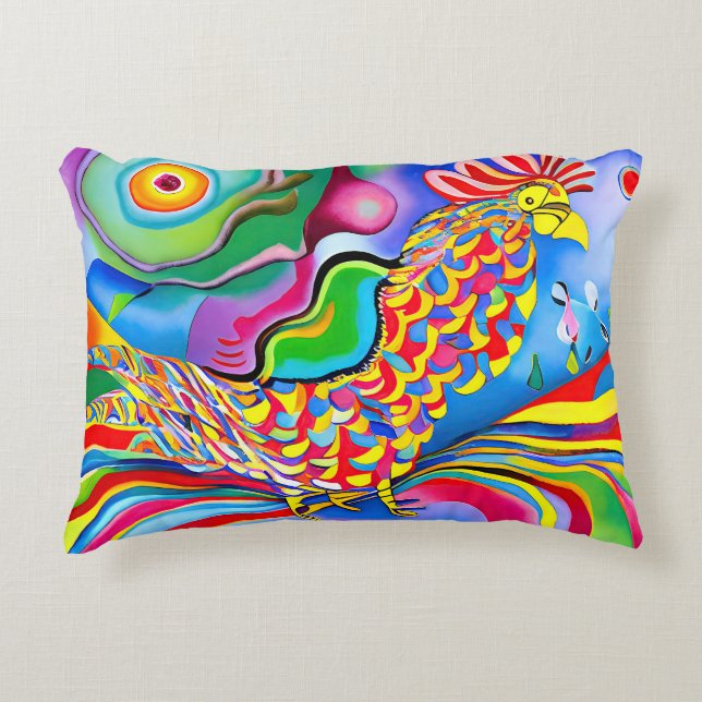 "Dreamscape Bird". Ein surreal abstrakter Hahn Dekokissen (Vorderseite)