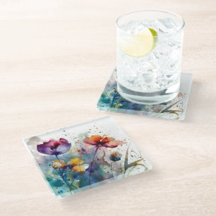 Dreamscape Garden: Abstrakte Aquarellfarben Blume Glasuntersetzer