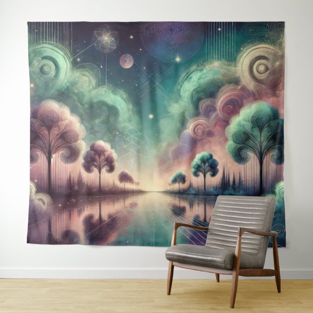 Dreamscape Swirling Bäume kosmische Reflektionen Wandteppich (Beispiel (Horizontal))