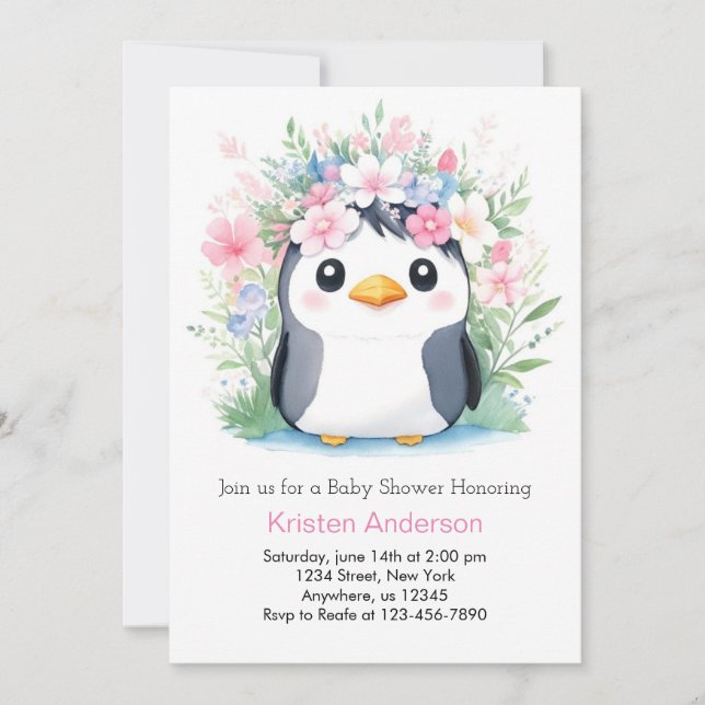 Dreamscape Wasserfarbe Girl Pinguin Kinderdusche Einladung (Vorderseite)