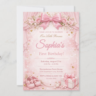 Dreamy and Glitter Floral Pink Bow 1st Birthday Einladung
