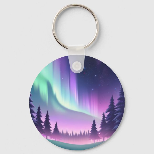 Dreamy Aurora Night: Lila Wald und grünes Licht Schlüsselanhänger (Vorderseite)