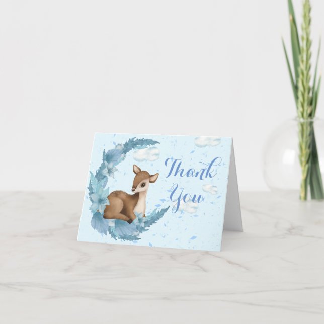 Dreamy Baby Boy Bambi & Blue Blumen Mond Wolken Dankeskarte (Vorderseite)
