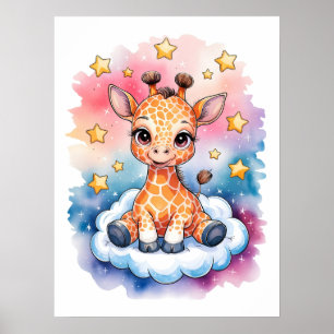 Dreamy Baby Giraffe on a Cloud - Watercolor Poster