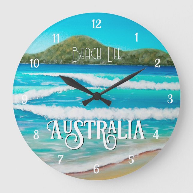 Dreamy Beach Blue Waves Malerei Australien Große Große Wanduhr (Vorderseite)