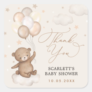 Dreamy Bear & Balloons Babydusche Vielen Dank Quadratischer Aufkleber
