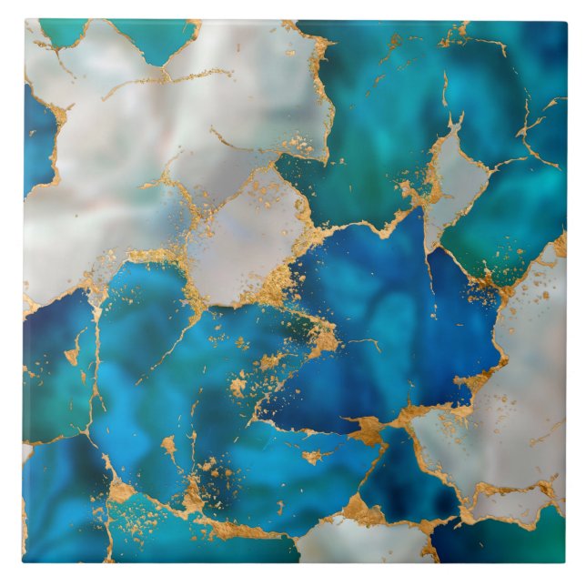 Dreamy Blue, Aquamarin, Perle und Gold Fliese (Vorderseite)