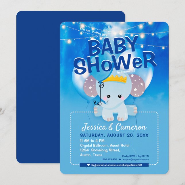 Dreamy Blue Balloons Baby Elephant Baby Shower Einladung (Vorne/Hinten)