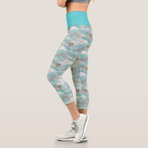Dreamy Blue Flying Sea Turtle Nautical Pattern Capri Leggings