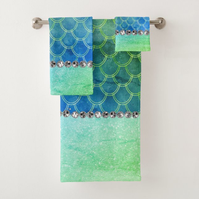 Dreamy Blue Green Mermaid Diamond Bling Badhandtuch Set (Insitu)