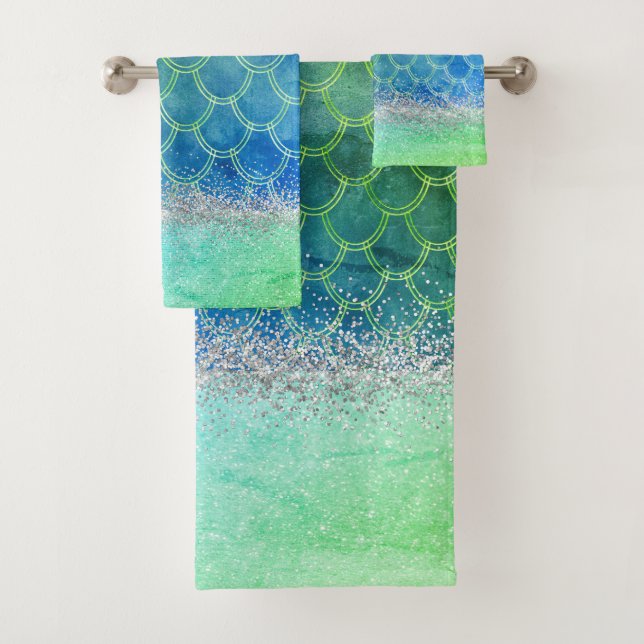 Dreamy Blue Green Mermaid Glittery Bling Badhandtuch Set (Insitu)