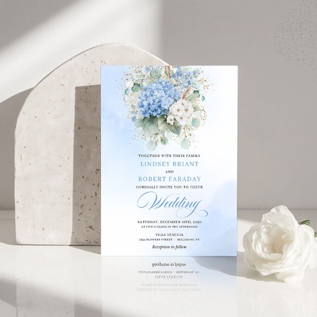 Dreamy Blue Hydrangea Gold Floral Wedding Invite Einladung (Dreamy Blue Hydrangea Gold Floral Wedding Invitation)