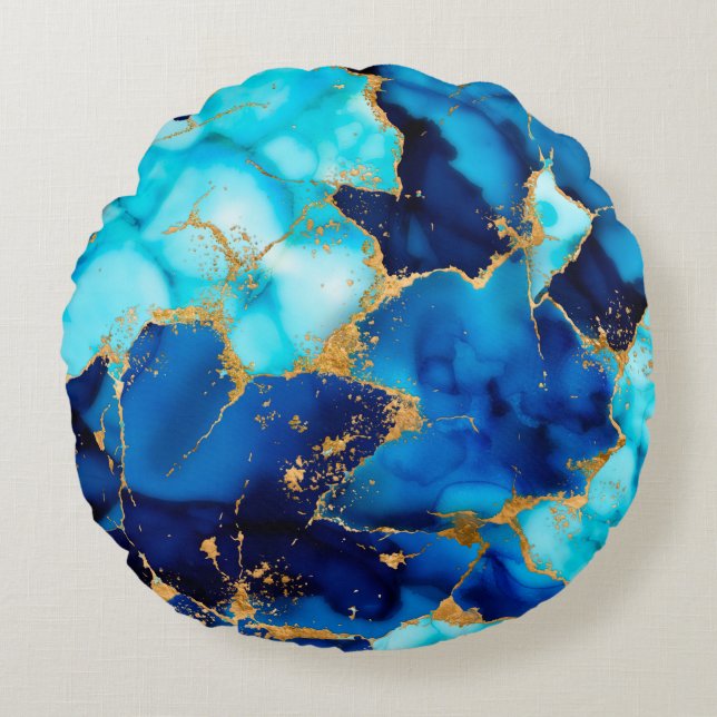 Dreamy Blue inks and Gold Rundes Kissen (Vorderseite)